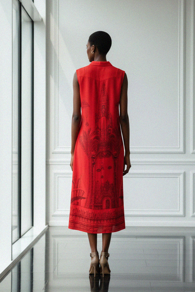Model showing back pose wearing red sleeveless collared midi dress with detailed tonal print and elegant flowing silhouette