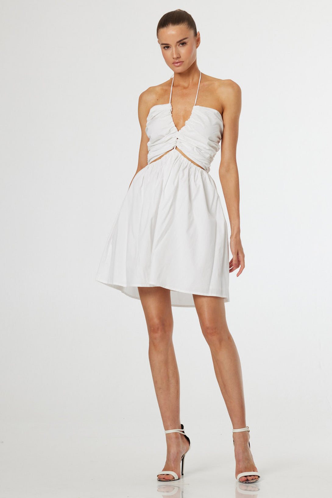 S Luxury White Halter Mini Dress with Ruched Design & Cut-Out Waist