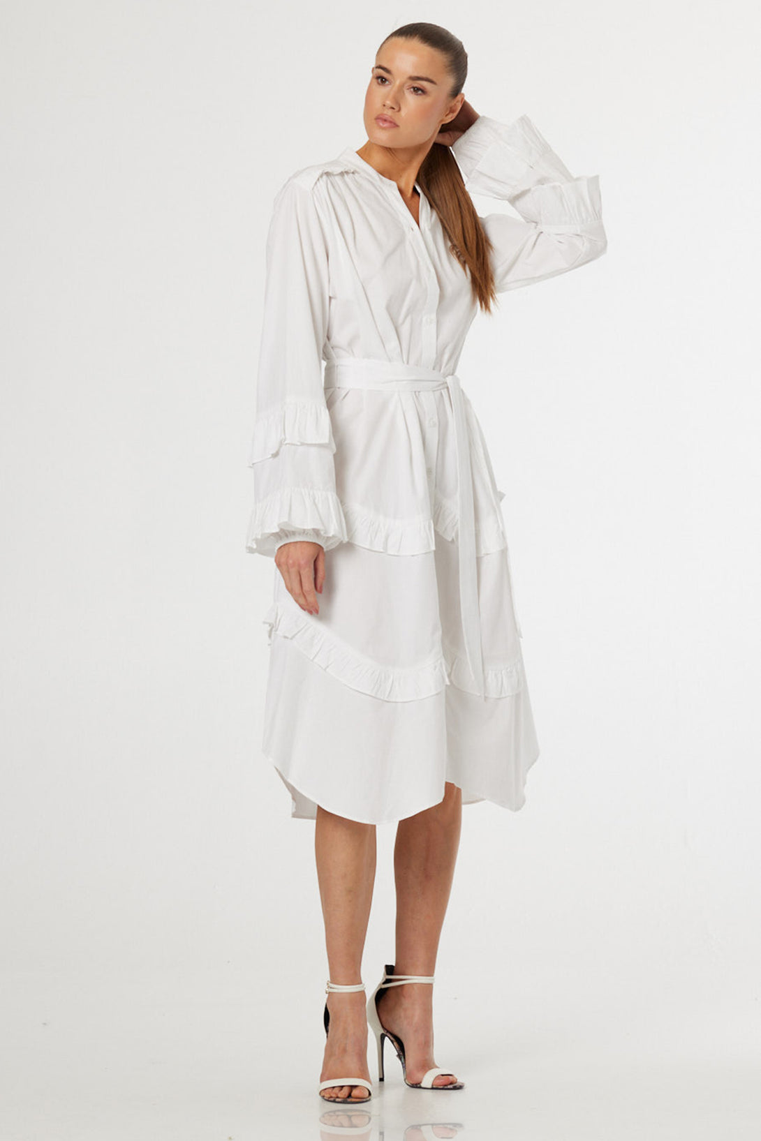 white ruffle dress midi S Luxury Shirt with Sleeves & Tie Waist Pant Size:36 / XL Prologue Hand wash recommended At ALL THE WAYS Trina
