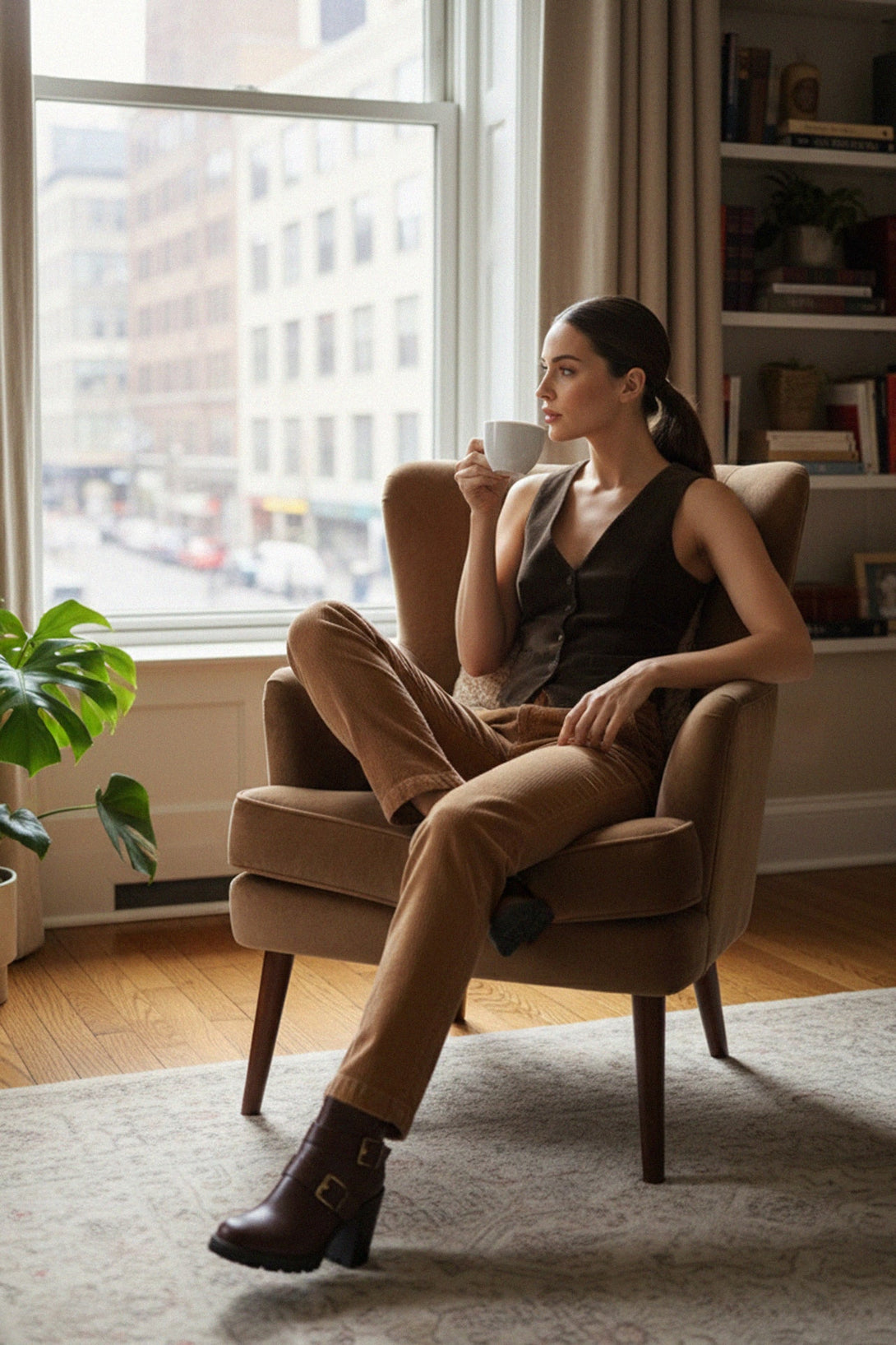 Soft textured brown corduroy pants for women, shahida