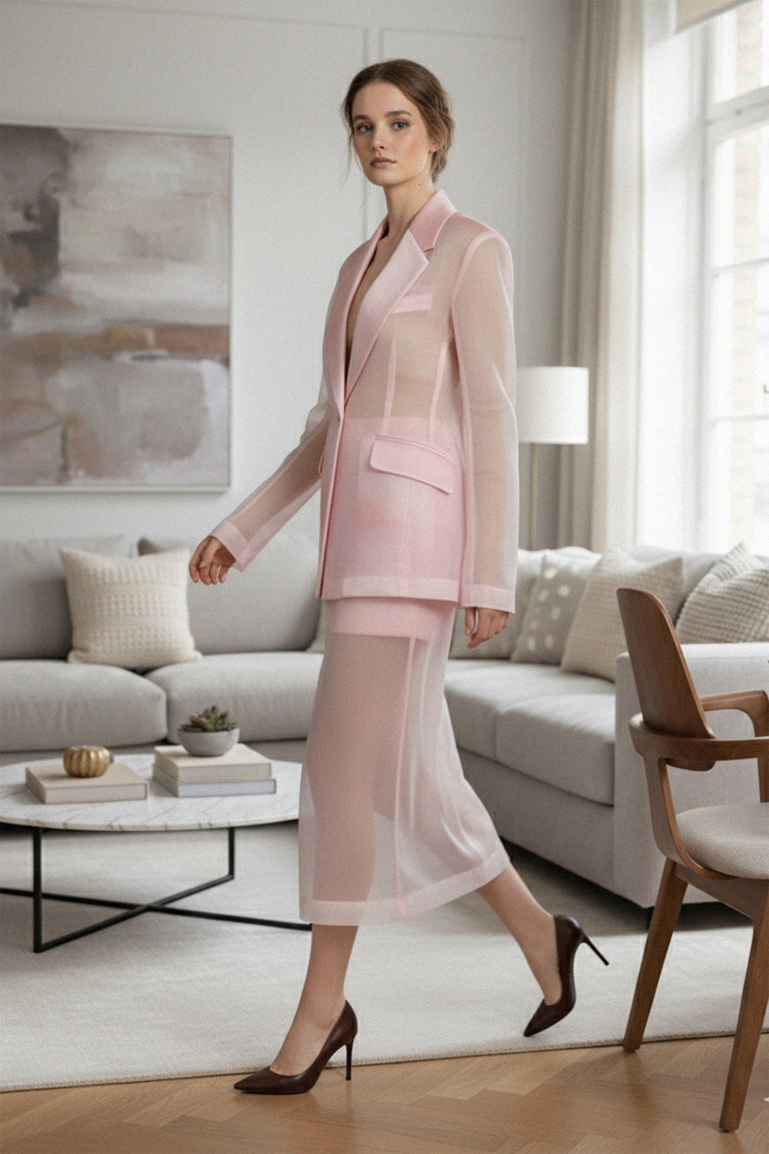 Fashion model pink organza suit photo shoot, shahida