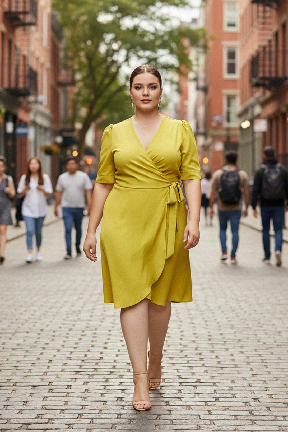 mustard midi dress Off the Shoulder and the sleeves and neck are draped with antique handmade seams Midi Mustard Dress with V-Neckline