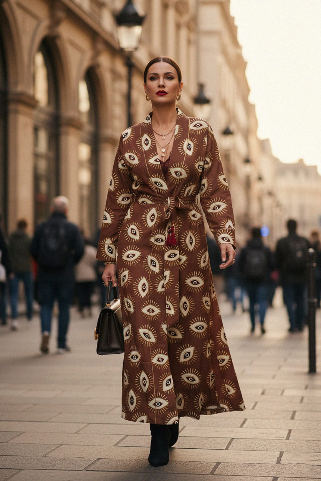 Evil eye pattern robe dress styled with heels, Shahida