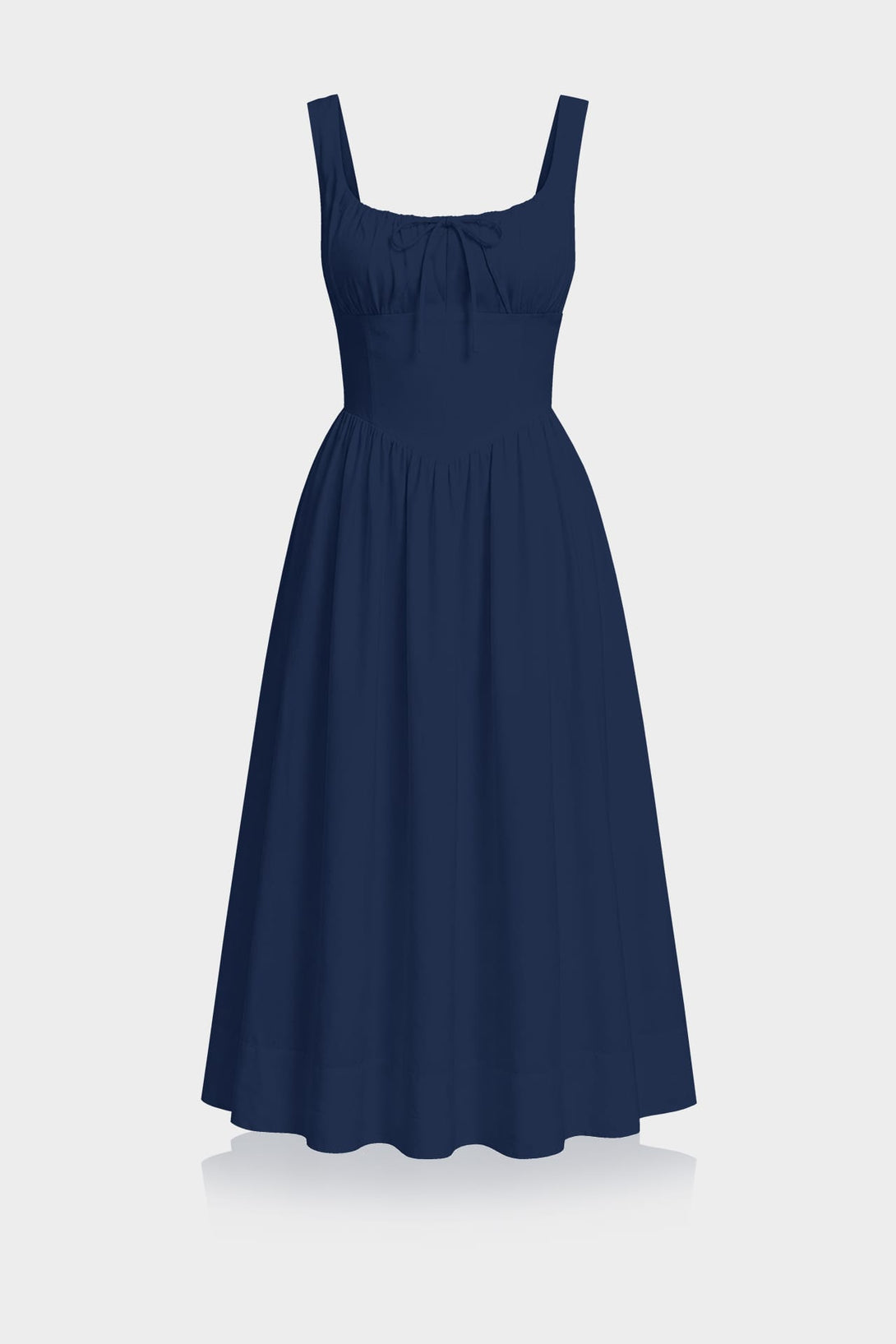 S Elegant Midnight Blue Linen Corset Midi Dress with Square Neck and Bow Tie Detail