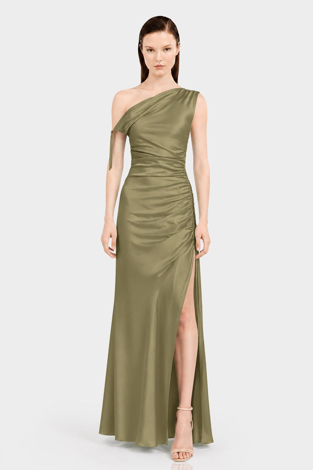 olive formal dress for wedding One Shoulder Satin Resort Evening Gown – Shahida Parides [color:COPPER]color:Brown
