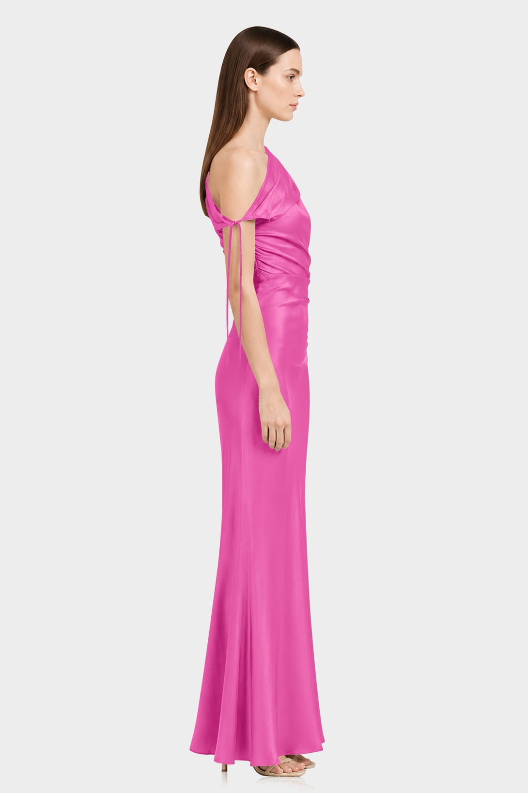 barbie one shoulder dress S Luxury Pink Stretch Satin Ruched Maxi Regular Sizes-Dresses\-Rompers-Printed Dresses Arms in first Full of Life tie Color:Paradise Green