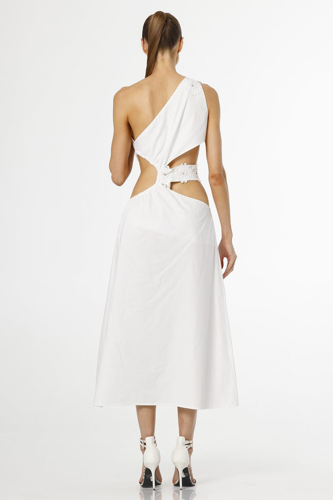 white cut out one shoulder midi dress Small White One Shoulder A-Line Cut Out Midi Dress for Luxury Resort Wear