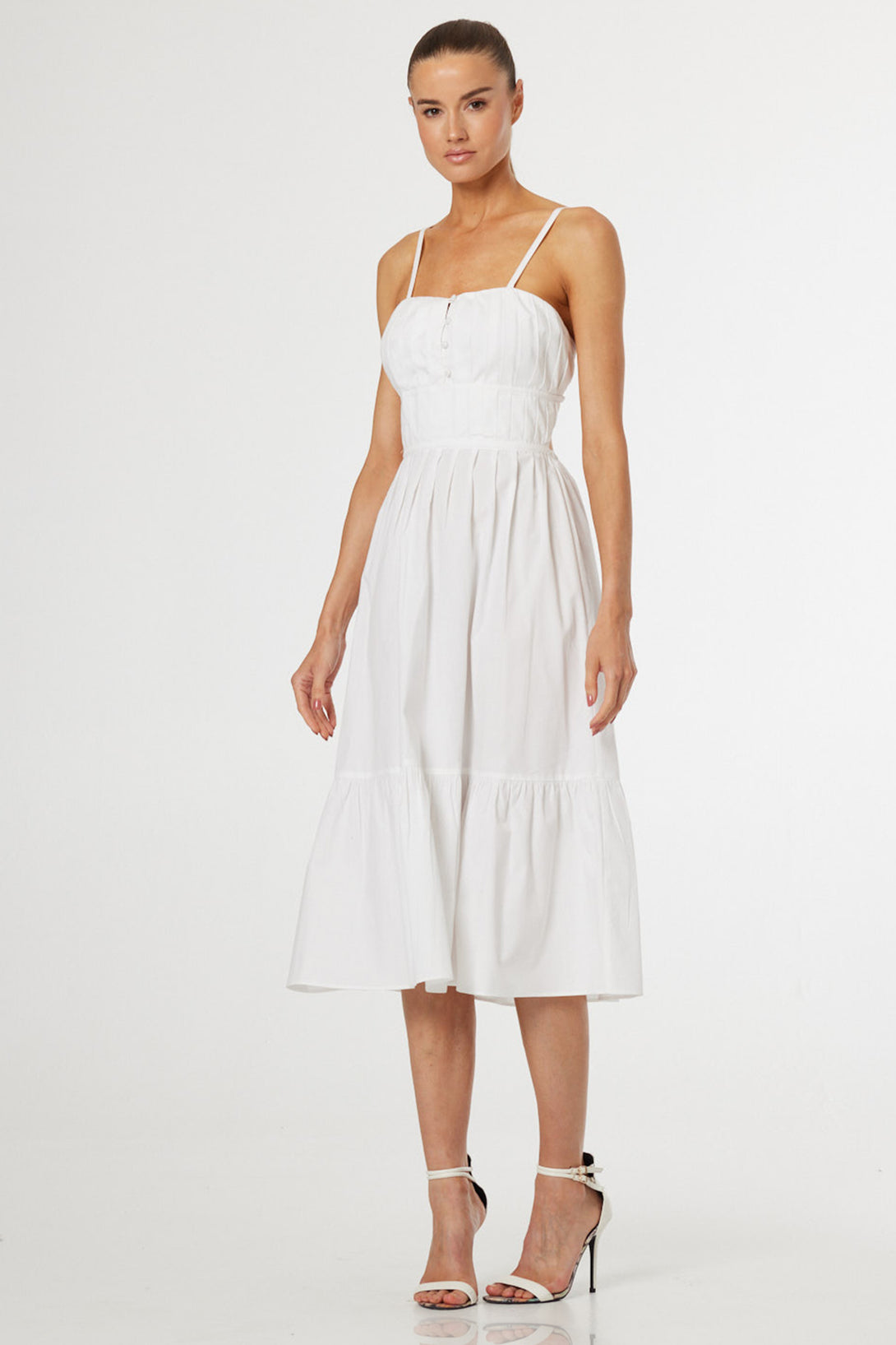 S Luxury White Cotton Midi Dress with Open Back & Feminine Tiered Silhouette