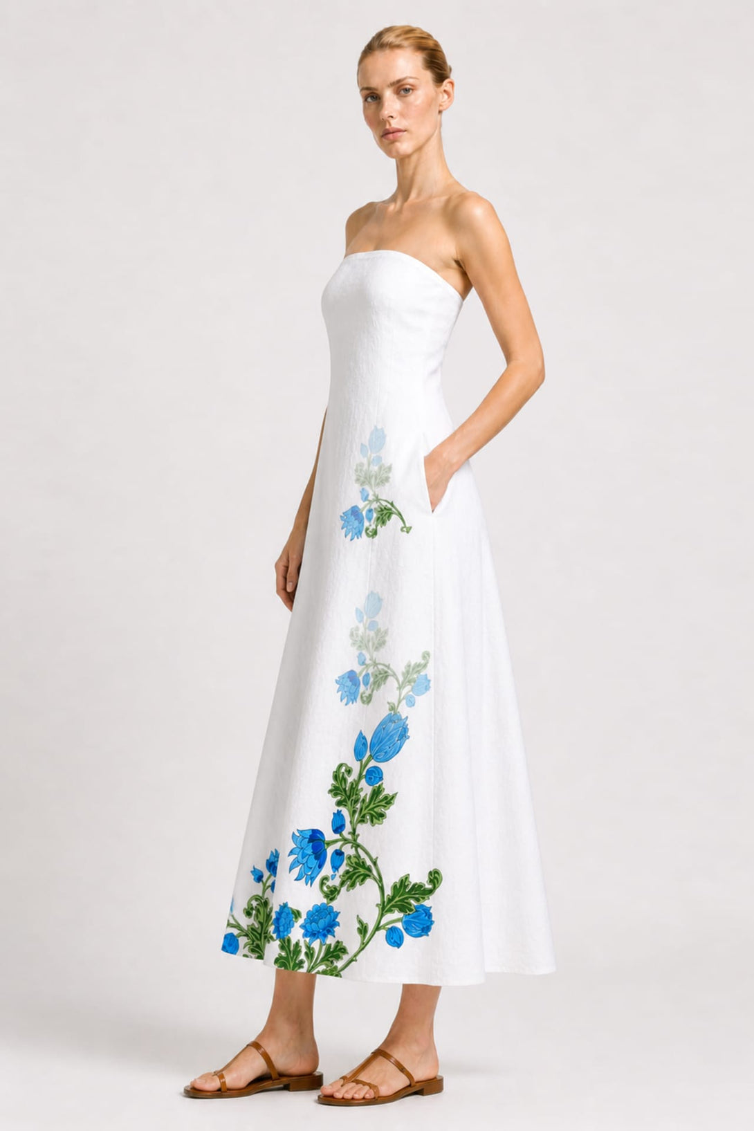 S Blue & White Floral Strapless Wedding Guest Dress