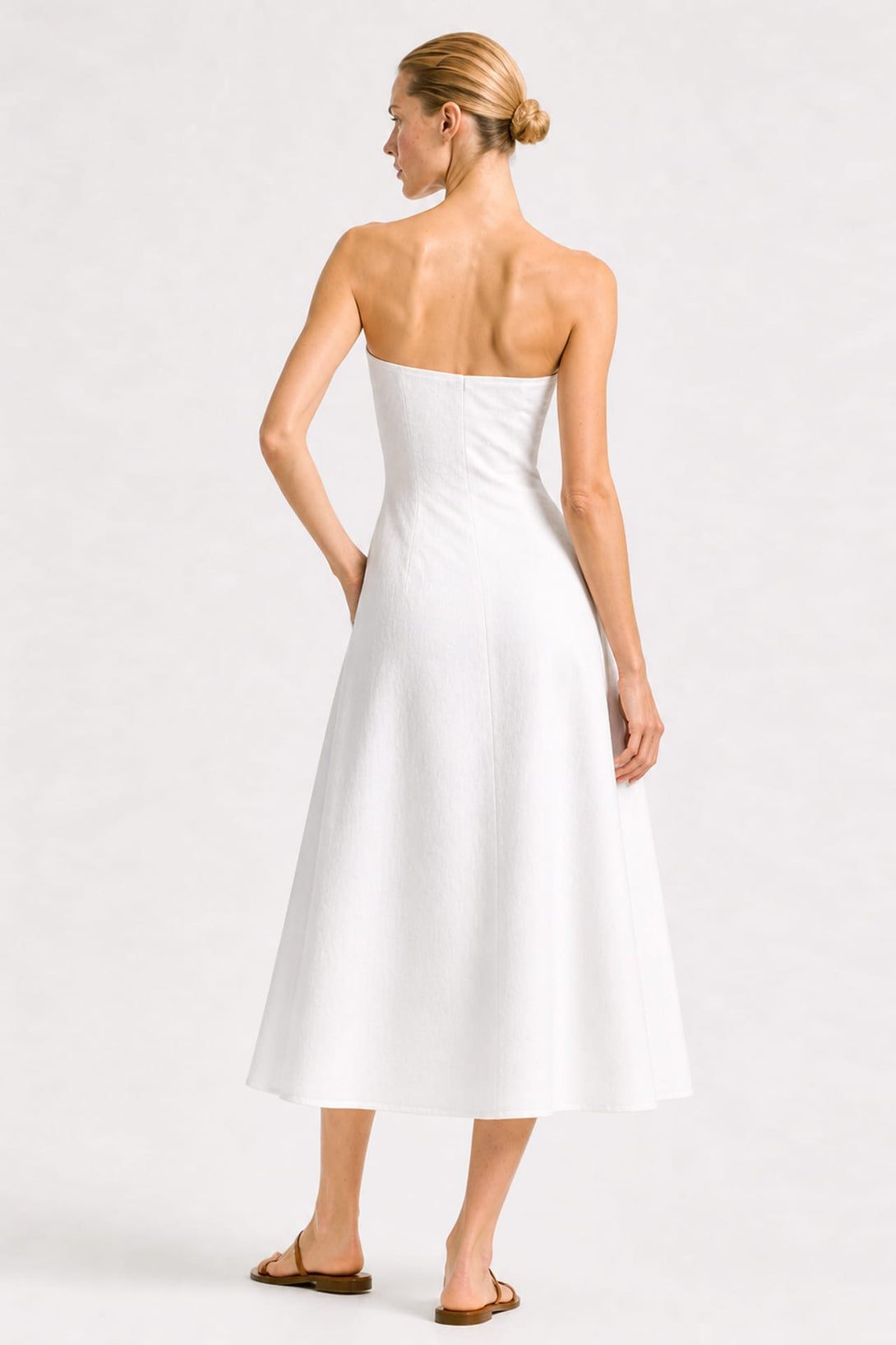 strapless white midi dress bridal S White Strapless Organic Cotton Poplin Midi Dress for Modern Brunch Dates