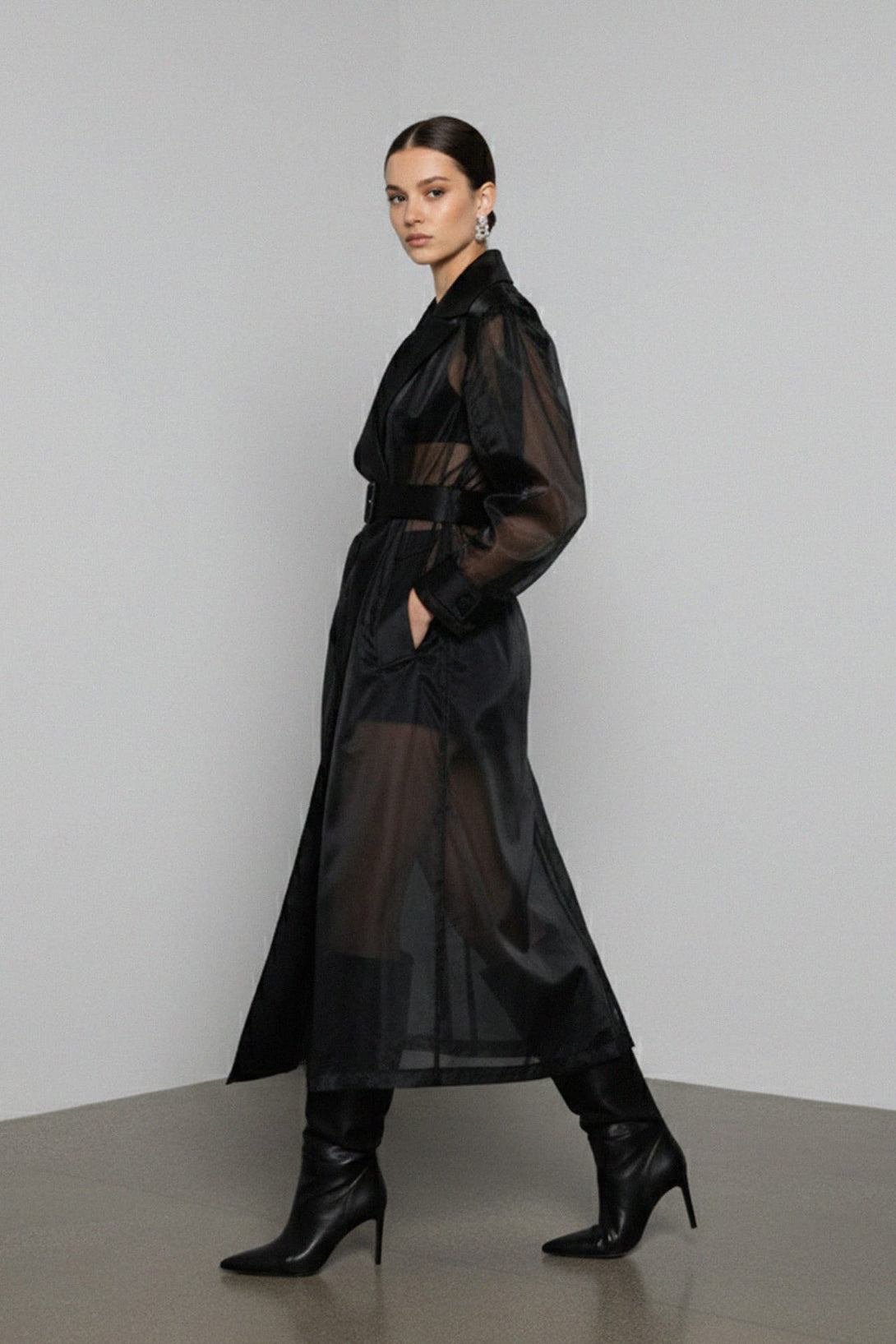 Belted organza coat with feminine silhouette, Shahida,
