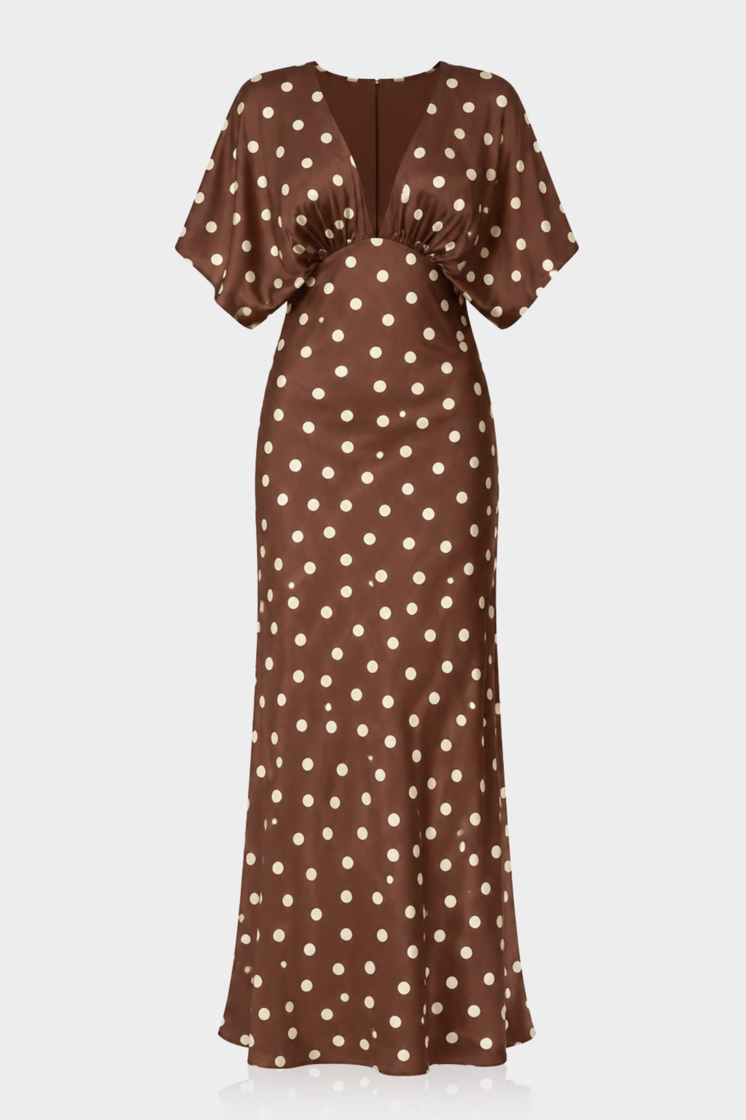 Standard / XS Brown Polka Dot Deep-V Flutter-Sleeve Satin A-Line Wedding Guest Dress