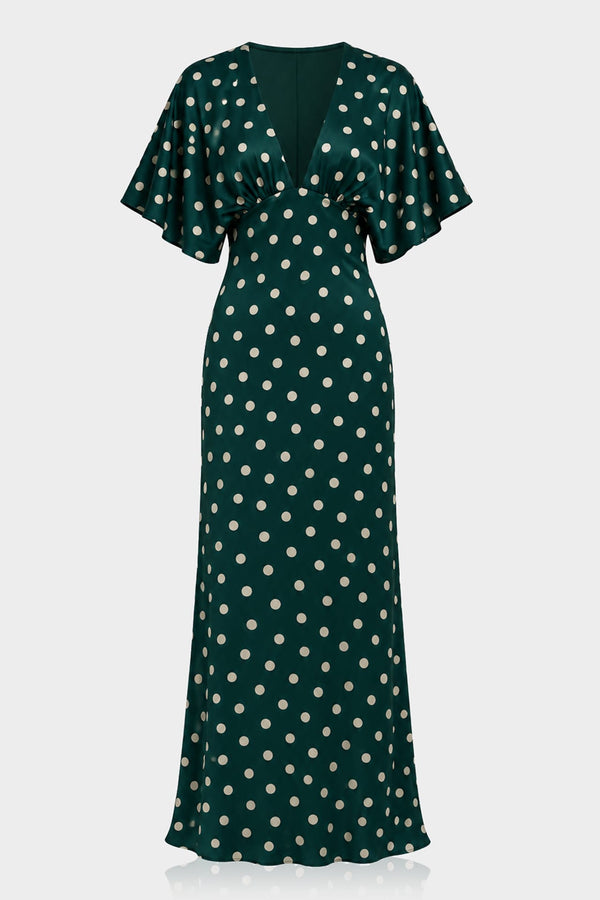 oysho dress green polka dots halter Teal Dot Deep-V Flutter-Sleeve Satin A-Line Wedding Guest Black/Lilac Multi