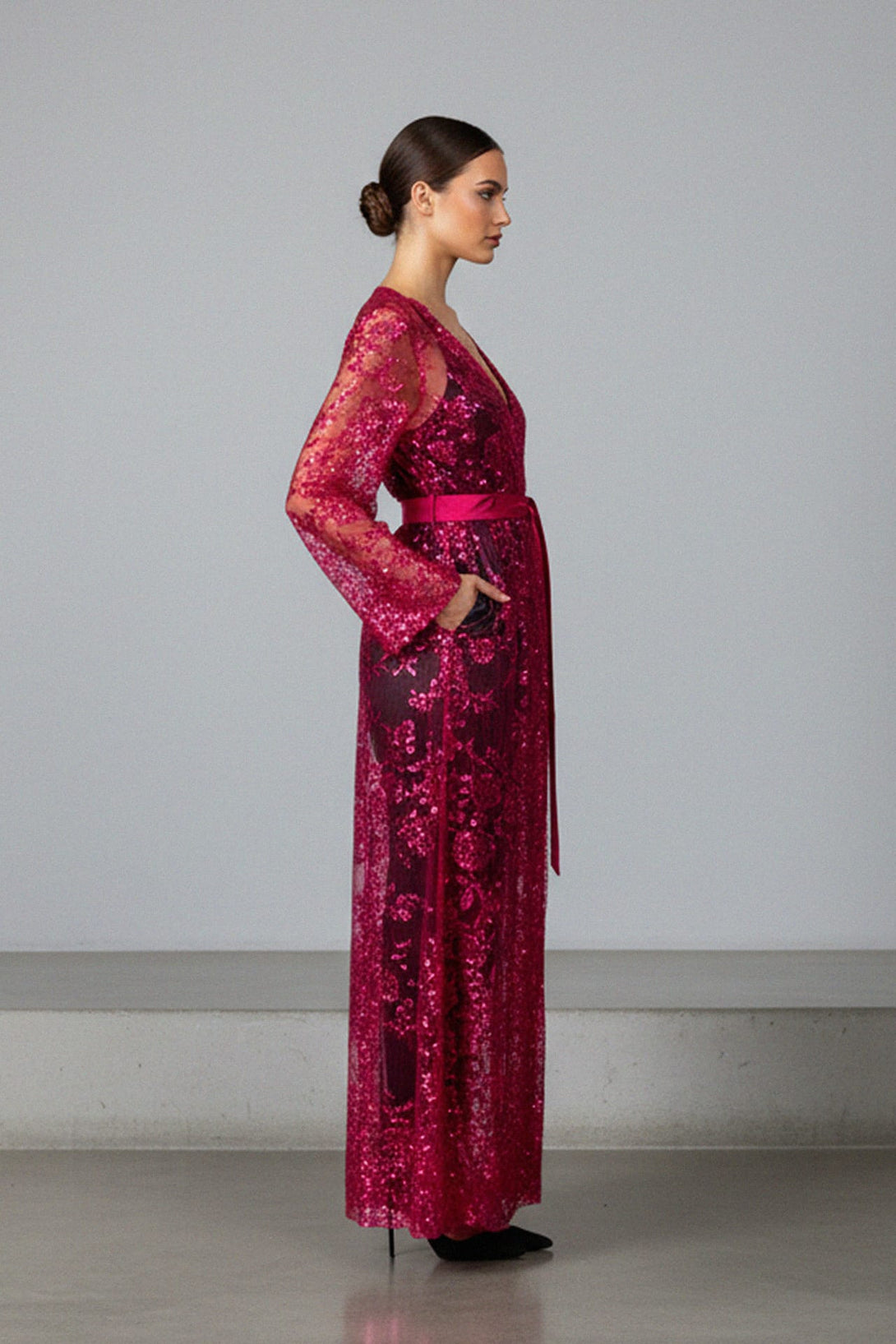 Shahida, Flowy Pink Sequin Kaftan for Weddings and Events,