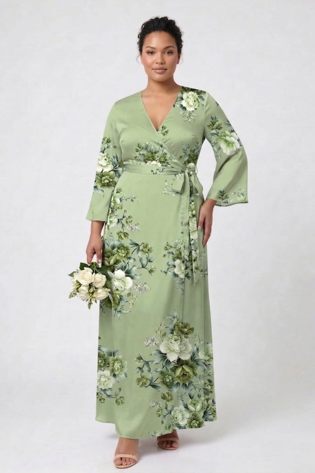 sage green satin dress plus size Final Sale Plus Size Satin Faux Wrap BodyCon in Sage Floral Print  Chic  And Curvy