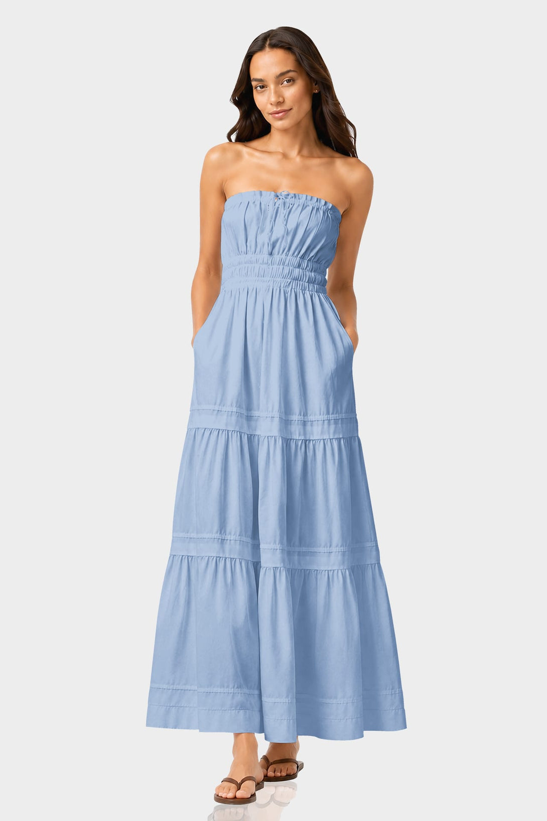 S Elegant Powder Blue Flowy Cotton Maxi Dress with Tiered Detailing
