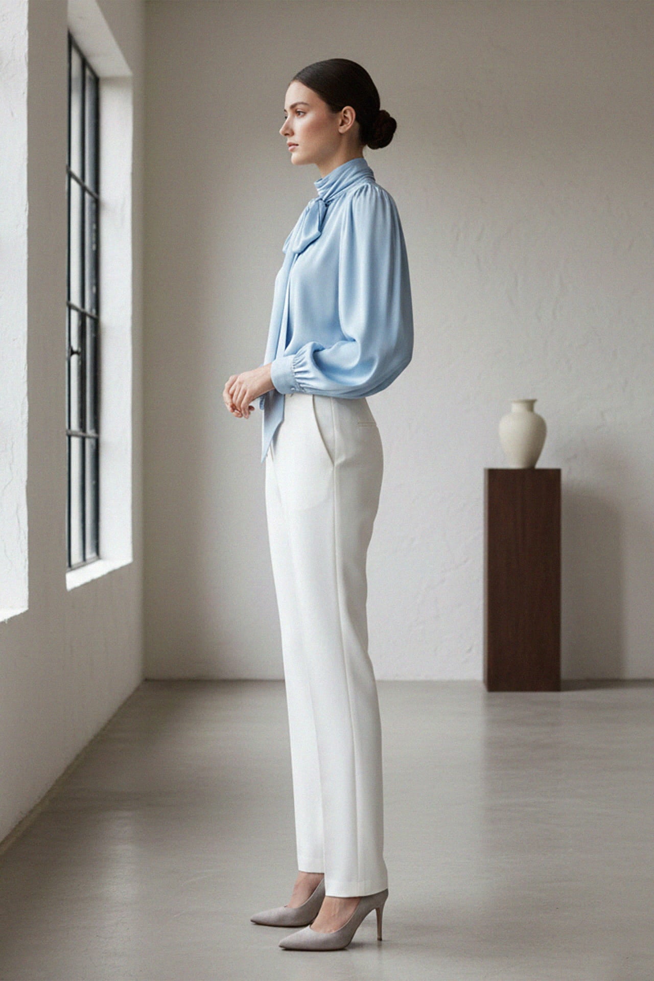マディソンブルー NECK TIE BLOUSE C/R TWILL 01 Powder Blue Satin-Twill Tie-Neck Blouse | Shahida – Shahida Parides