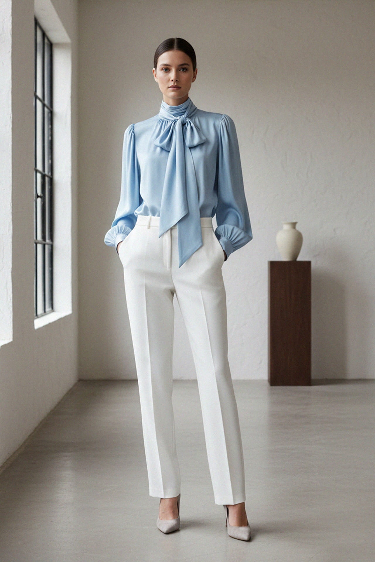 Powder Blue Satin-Twill Tie-Neck Blouse | Shahida – Shahida Parides