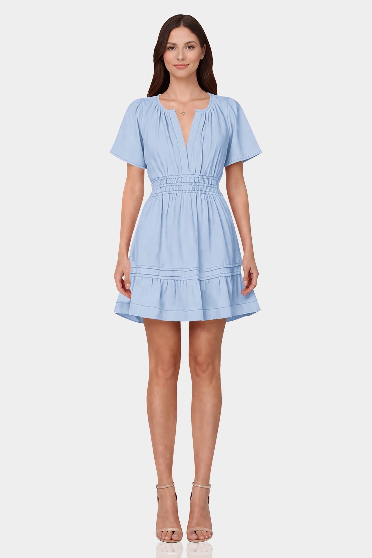 S Powder Blue Flutter Sleeve Tiered Mini Dress for Women – Engagement Party Dress