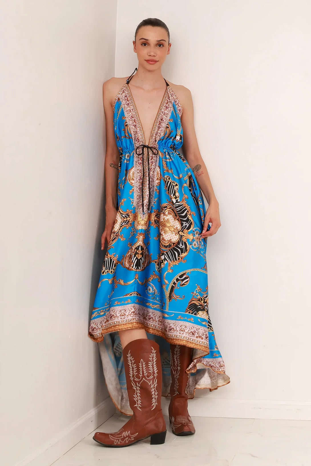 chinese dress ladies Azure Blue Baroque Scarf Print Halter Maxi Dress