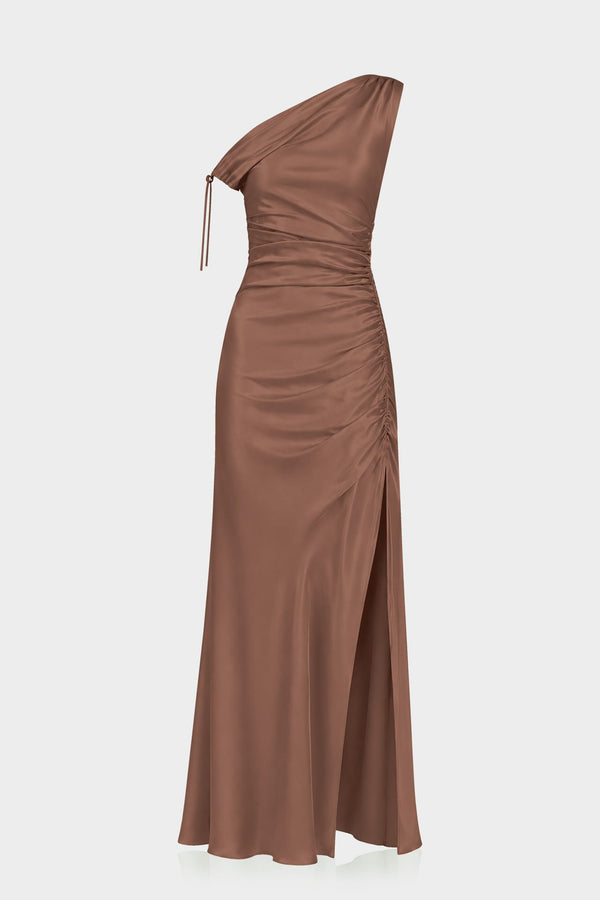 S Designer Chocolate Gathered Asymmetrical Neckline Maxi Occasion Dress