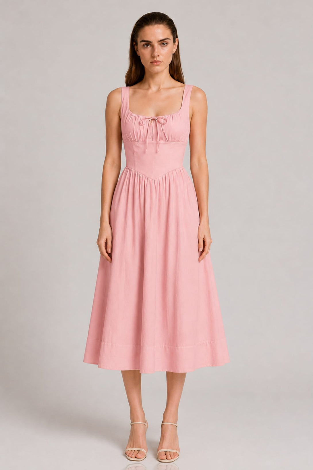 Blush Pink Linen Corset Midi Dress
