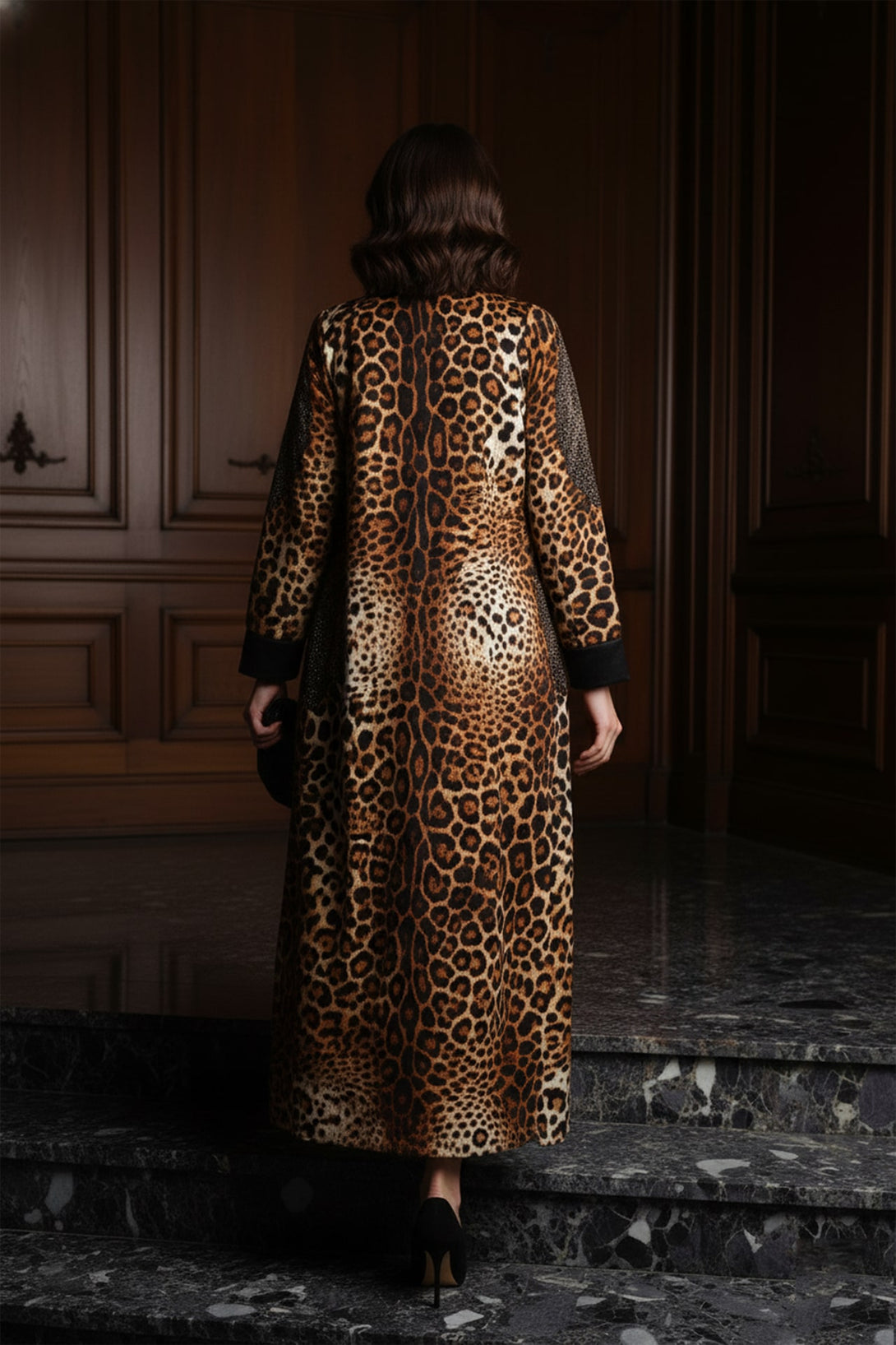 luxury leopard pattern coat for women, bold animal print long coat outfit, shahida uae