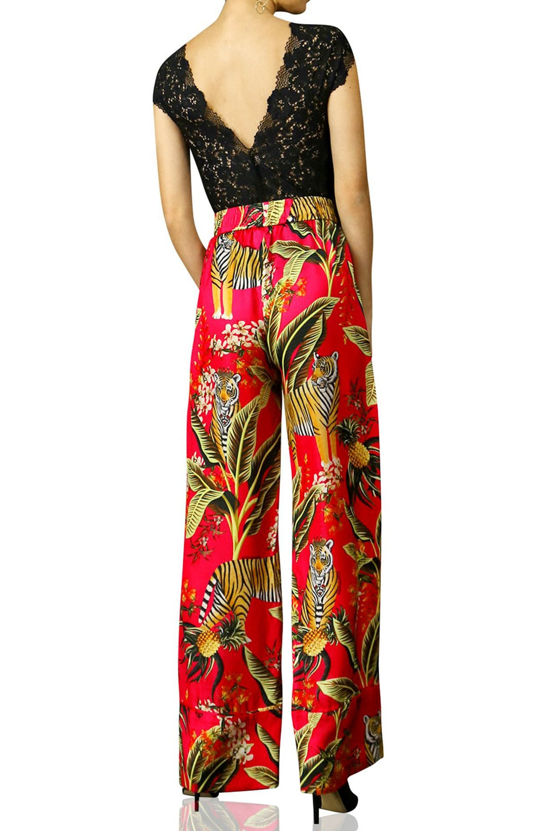 silk printed pants, womens designer trousers, kyle x shahida, wide leg bottom, luxury silk fashion