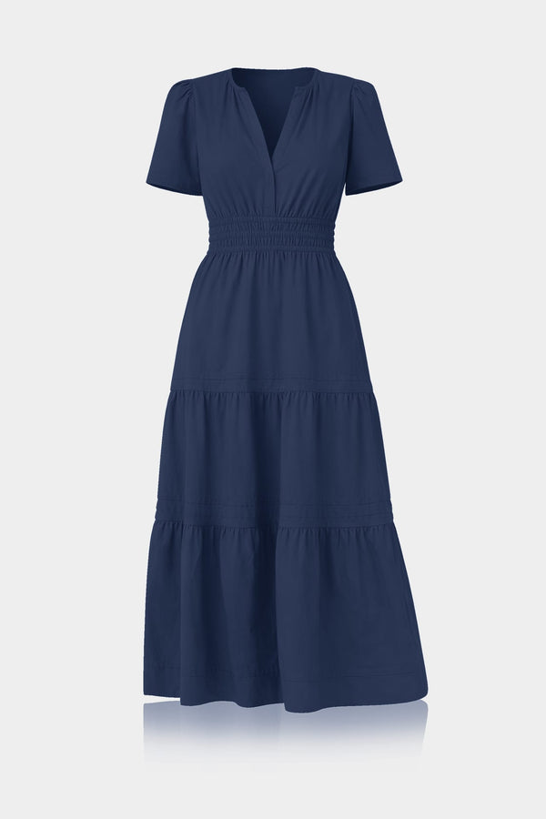 Standard / S Midnight Navy Smocked Waist Cotton Midi Dress for Women – Business Casual & Everyday Wear
