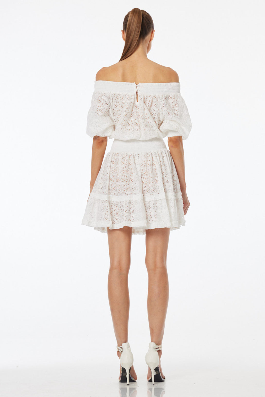 smocked off the shoulder mini dress Claudine Smocked Off-The-Shoulder Mini Dress in palm patchwork