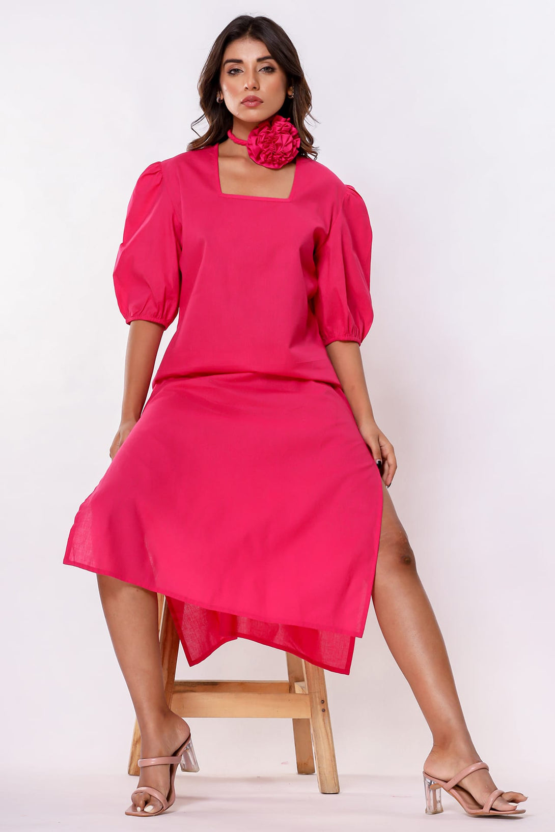 S Luxury Fuchsia Pink Square Neck Cotton Midi Dress – Summer Day Dress