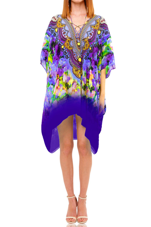 Purple Floral Print Short Kaftan Dress