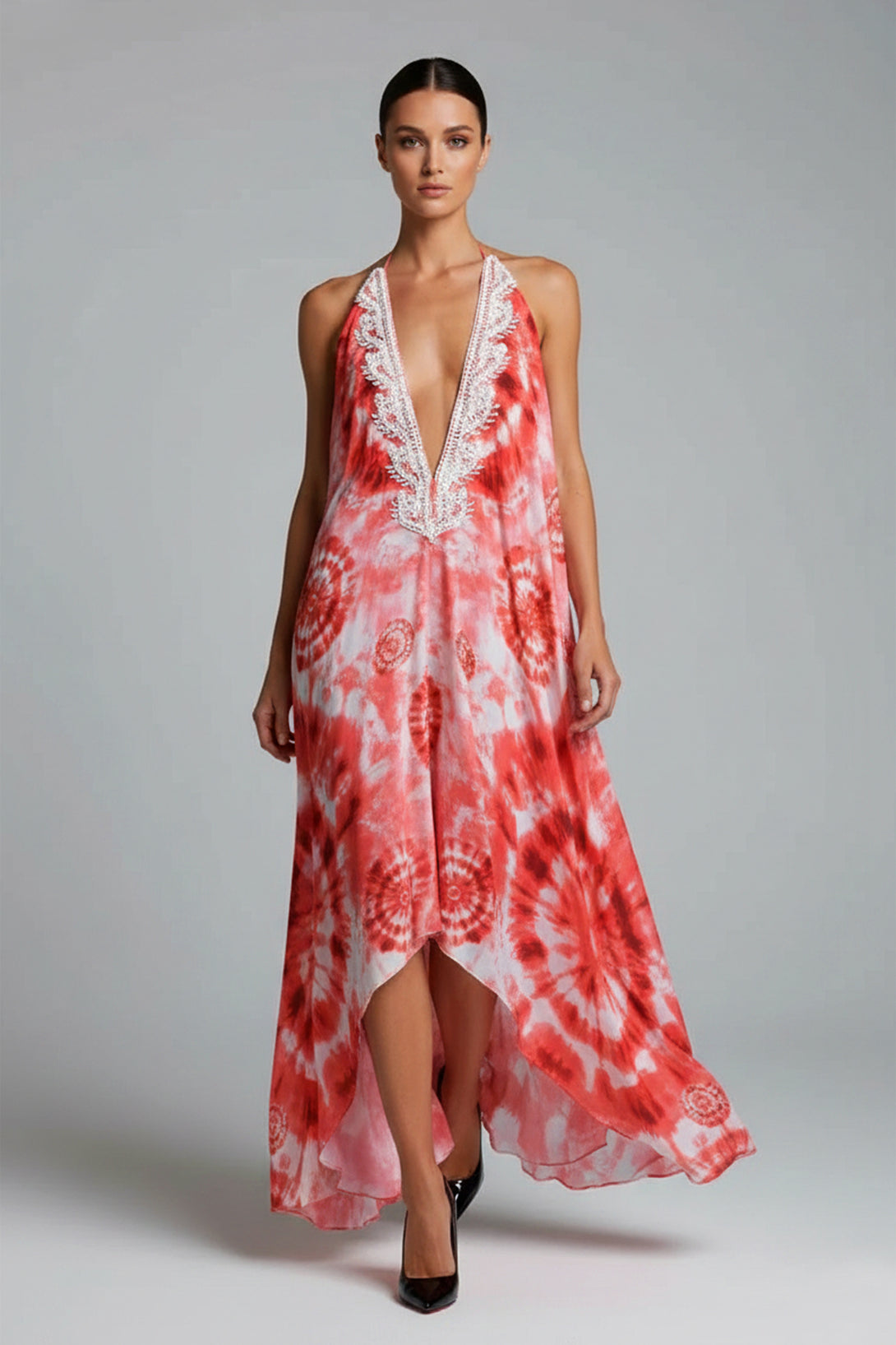 light red maxi dress One Size Light Red & White Floral Silk Scarf Maxi Dress