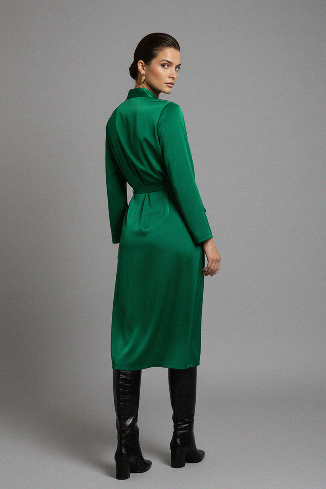rear view dress, vegan silk wrap, green midi robe, sustainable elegance, eco luxury design, Shahida designer, soft drape, modern feminine, chic outfit, eco fabric, timeless wrap, elegant shape