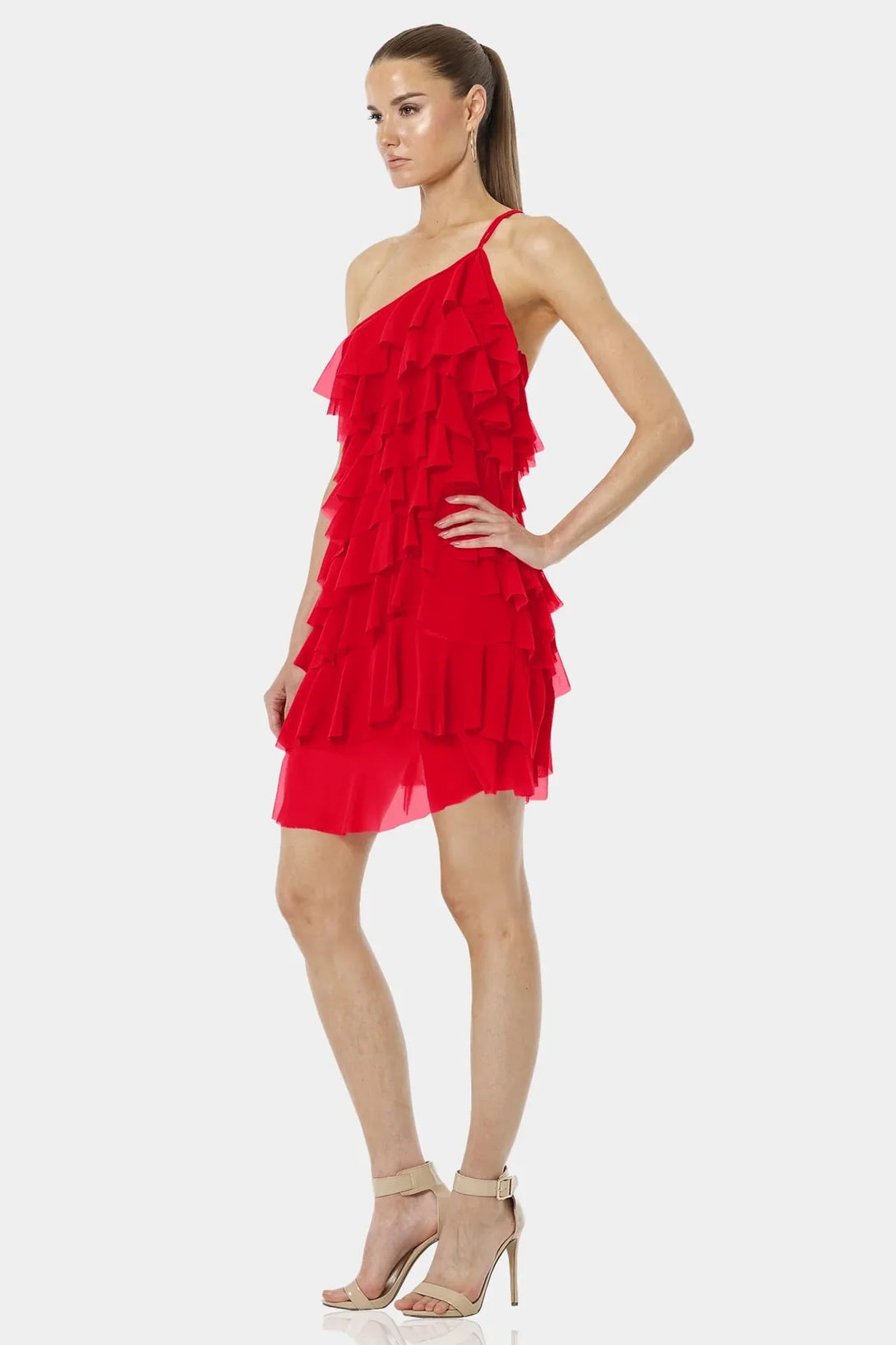 one shoulder mini red dress, one shoulder dress, Qishma Collection fashion, designer evening dress, elegant partywear outfit, luxury women’s attire, chic red mini dress, stylish evening wear