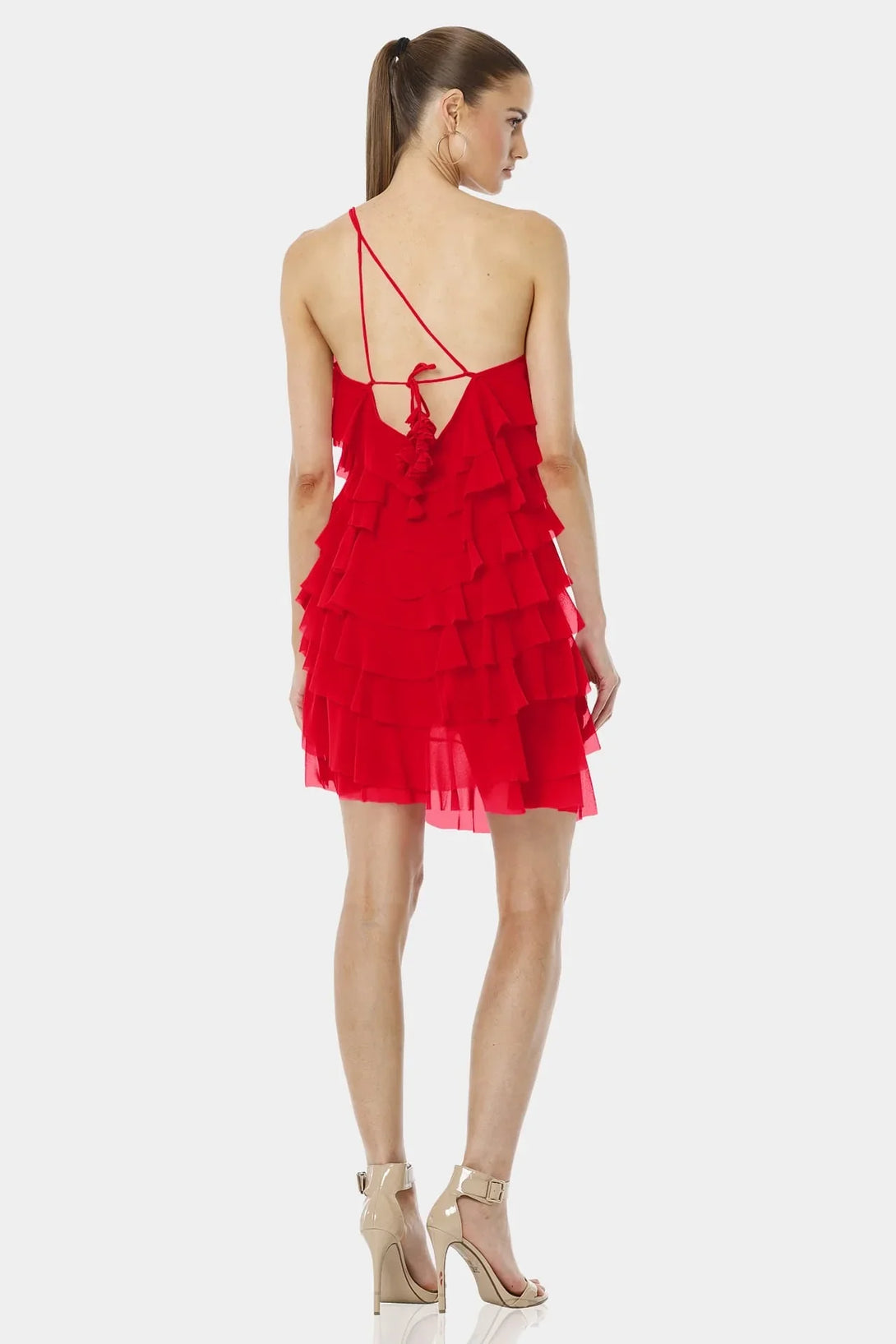 red mini dress, one shoulder mini dress, turquoise short dress, short ruffle dress, Qishma Collection fashion, designer mini dress, elegant women’s outfit, luxury short dress, stylish partywear, chic red attire