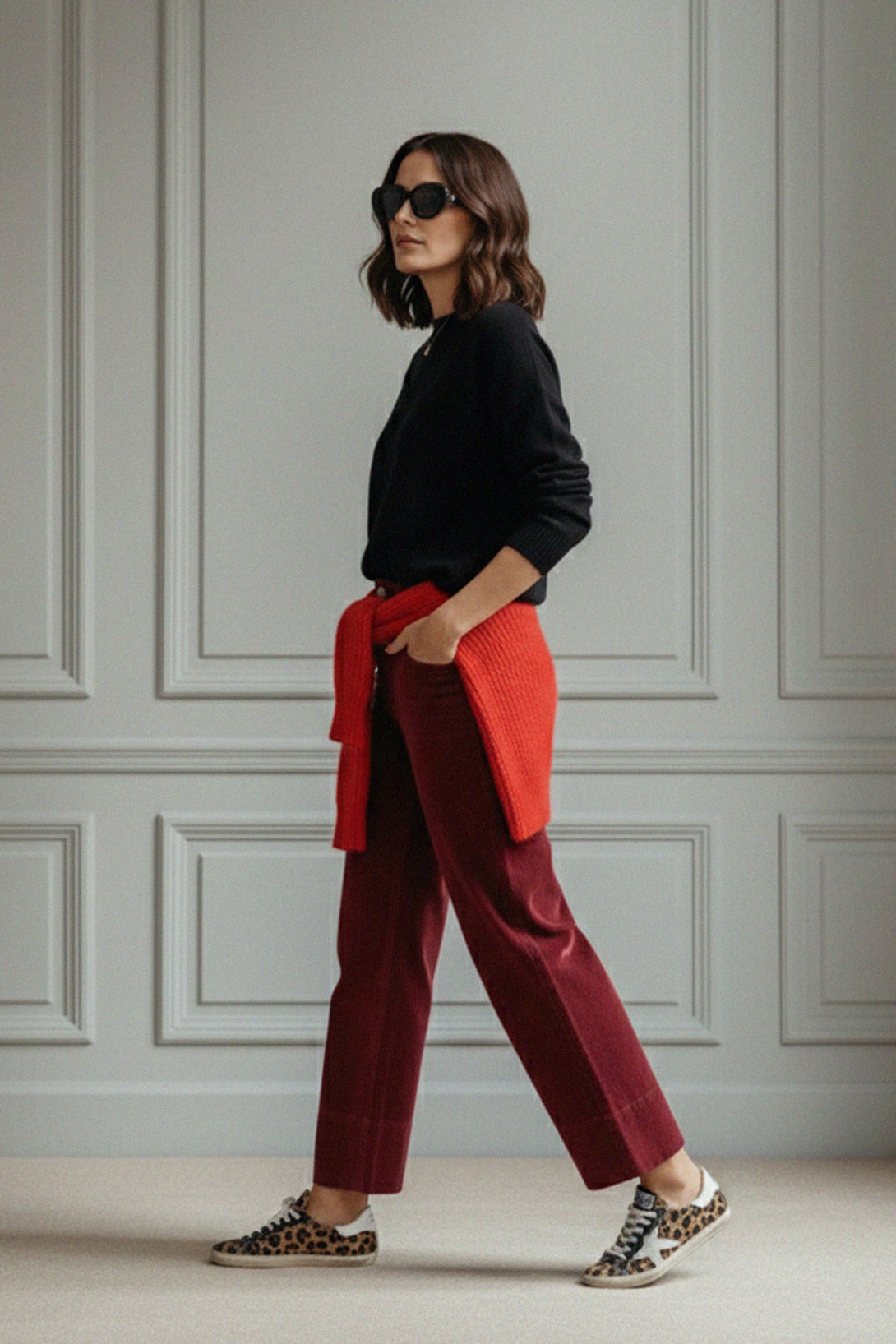stylish women’s outfit with maroon pants, Shahida