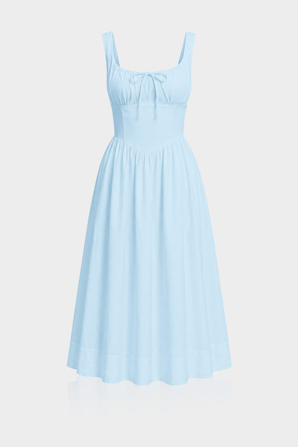 S Sky Blue Linen Corset Midi Dress with Square Neckline – Bridal Shower Dress