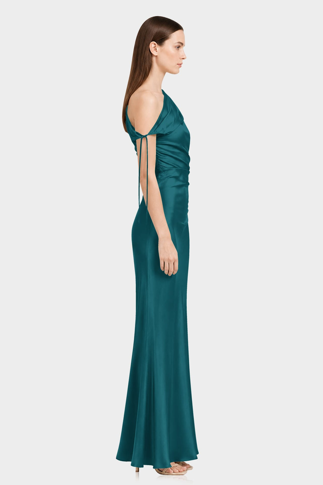 teal christmas party dress S Luxury Rich One Shoulder Gathered Stretch Satin Holiday Maxi Maggy London | Modern
