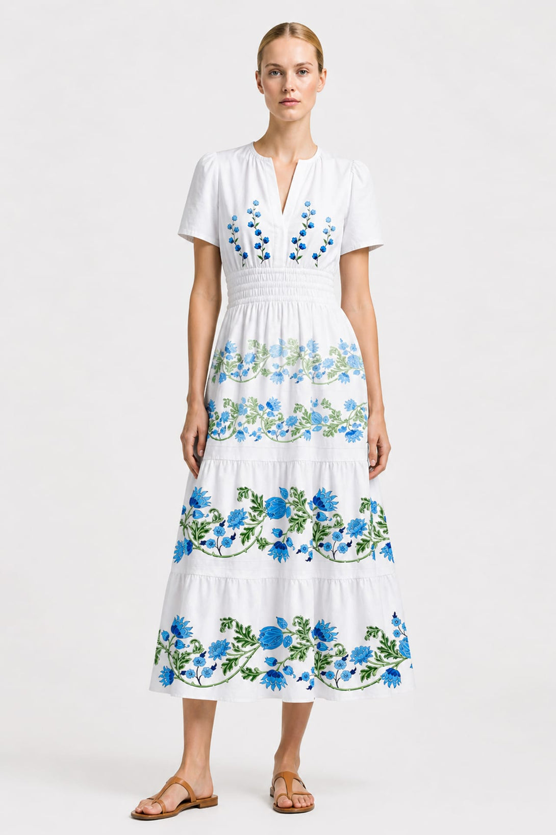 amalfi midi dress S Blue and White Floral Organic Cotton Poplin Midi Dress with Pockets – Dress for Amalfi Coast Vacations