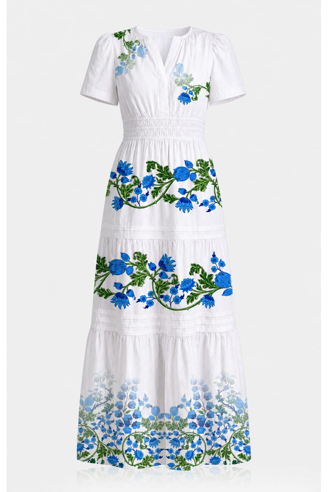 floral cotton maxi dress Tuckernuck Azure Embroidered Rhea Azure / XXL Flowing chiffon maxi with surplice neckline Cotton Blue Floral Maxi Dress