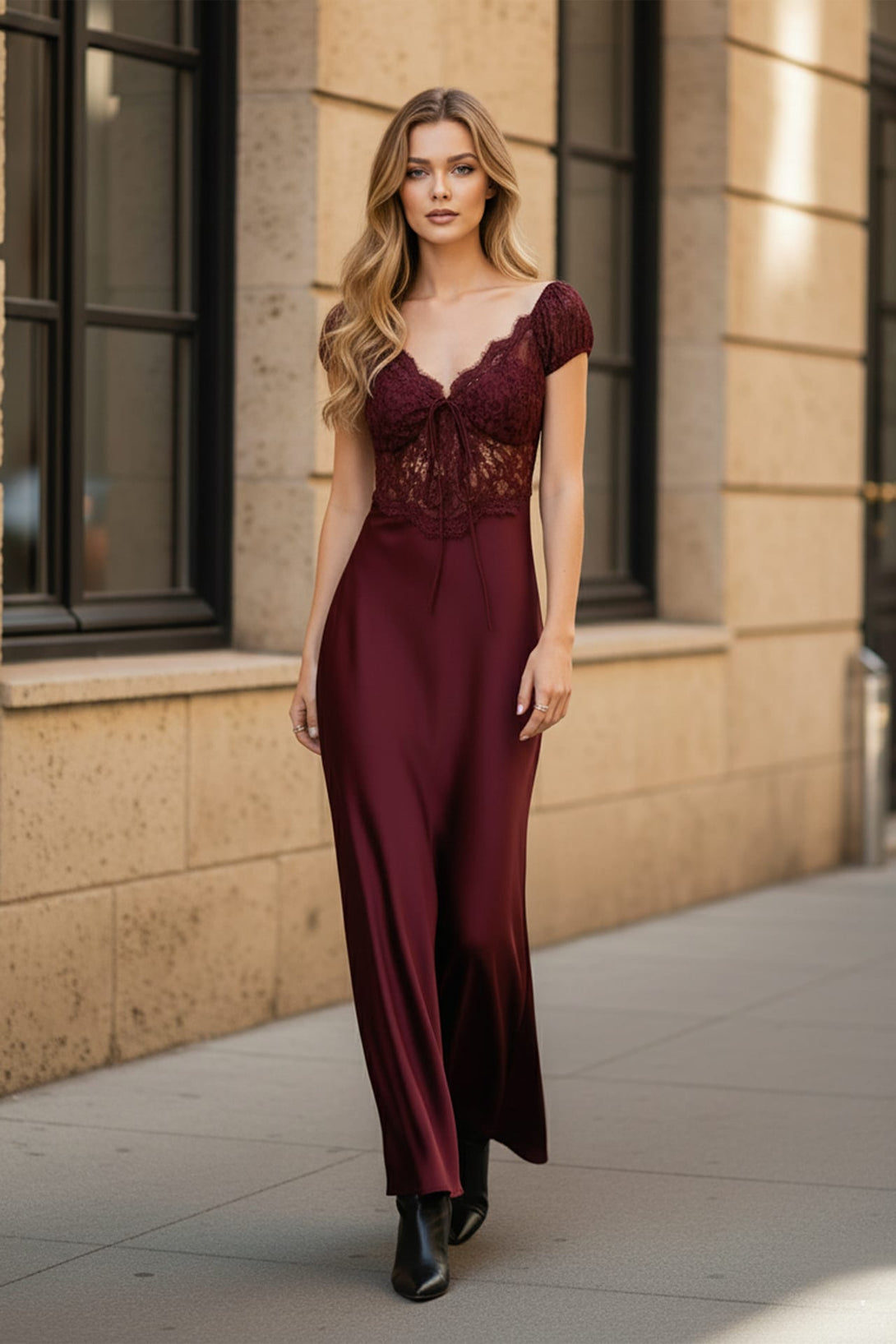 Elegant lace bodice side slit dress for red carpet, Shahida,