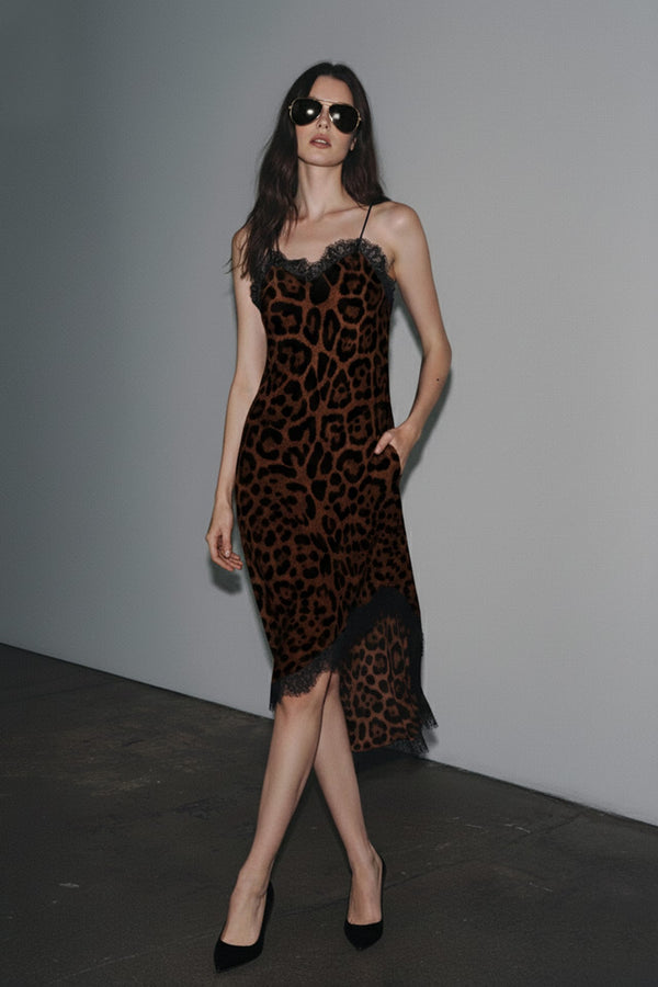 Shahida, Midi slip dress with lace for wedding guest, Lace trim slip dress for summer,