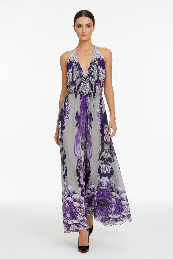 Neutral Floral Print Flowing Maxi Dress