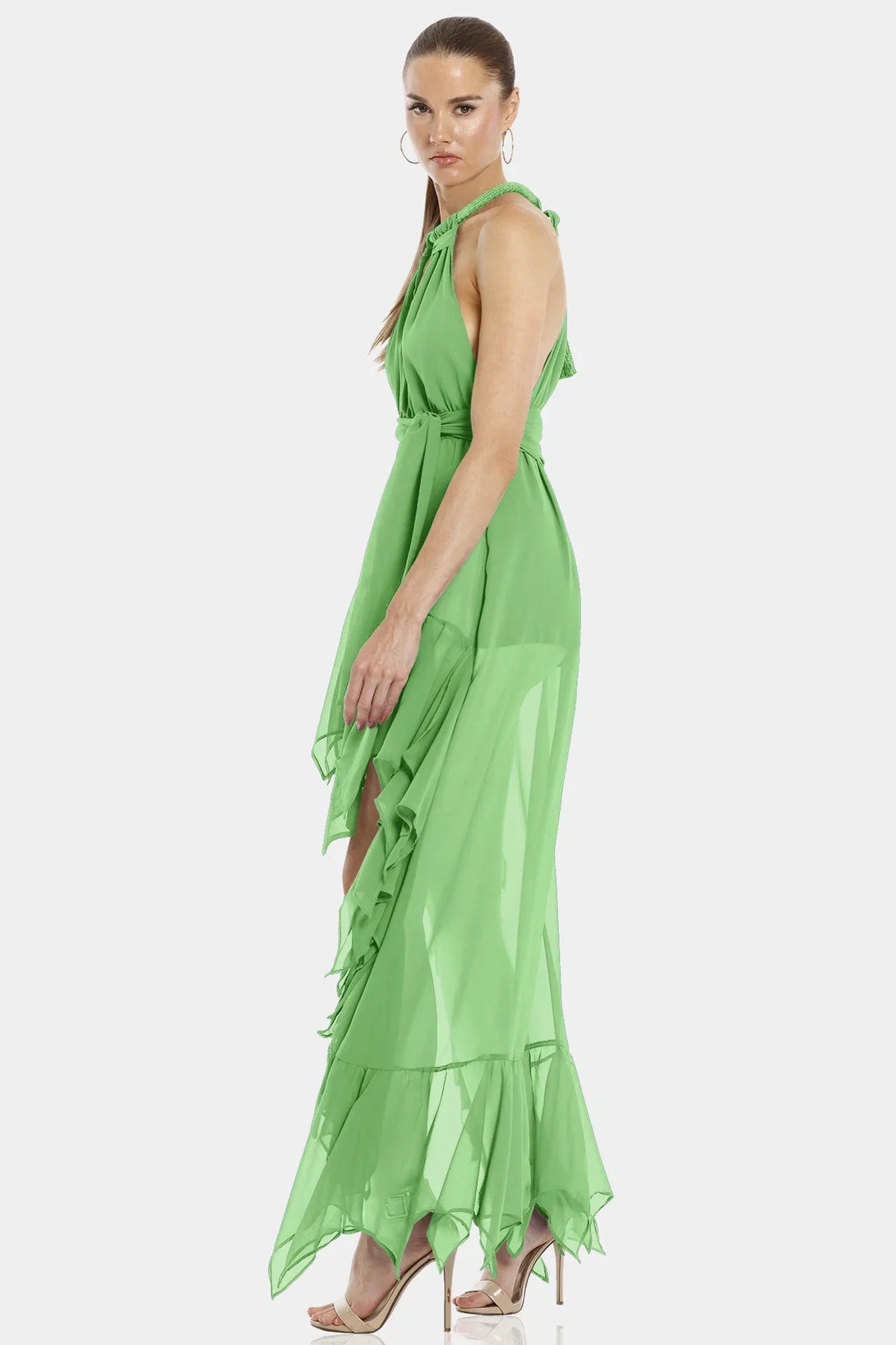 Mint Green Color Dress | Asymmetric Layer | Ruffle Maxi Dress