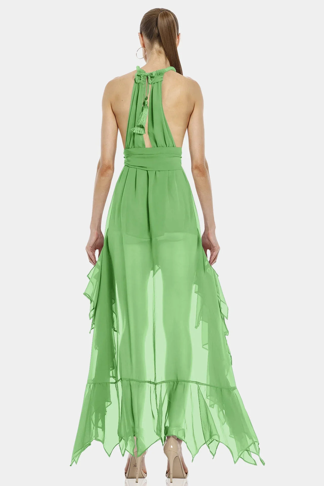 Mint Green Color Dress | Asymmetric Layer | Ruffle Maxi Dress | Qishma Extra Large