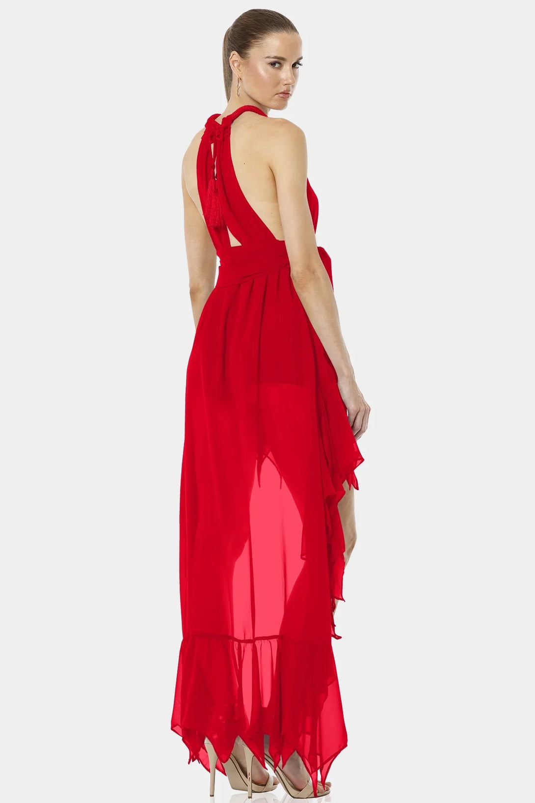 Red High Low Dress | Plunged Neckline | Asymmetrical Dress | Qishma Extra Large Red High Low Dress | Plunged Neckline | Asymmetrical Dress | Qishma Extra Large