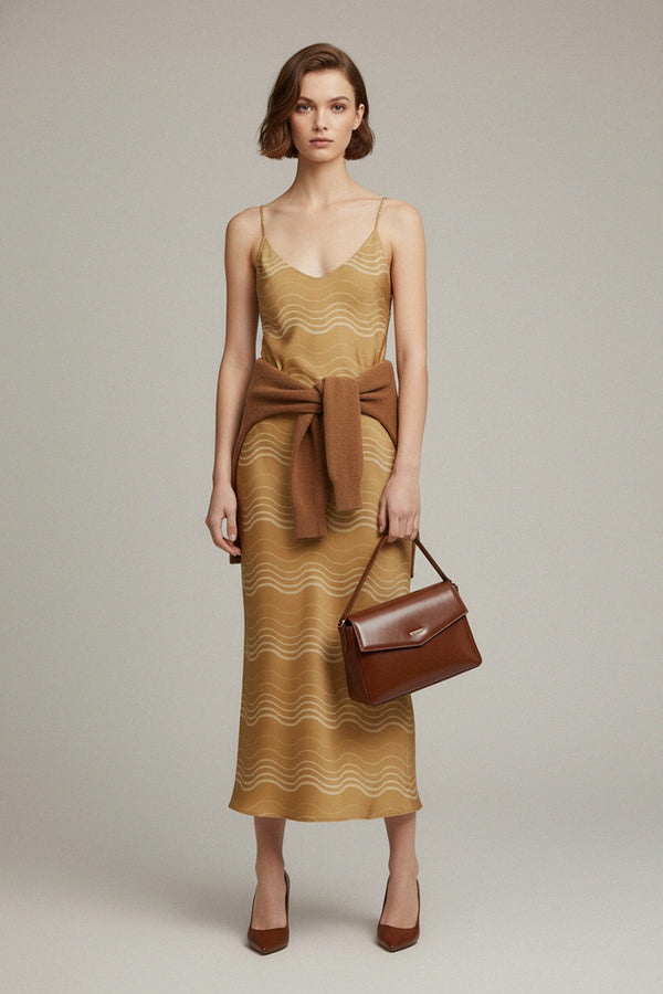 Golden Wave Satin Slip Dress – Luxe Midi Silhouette