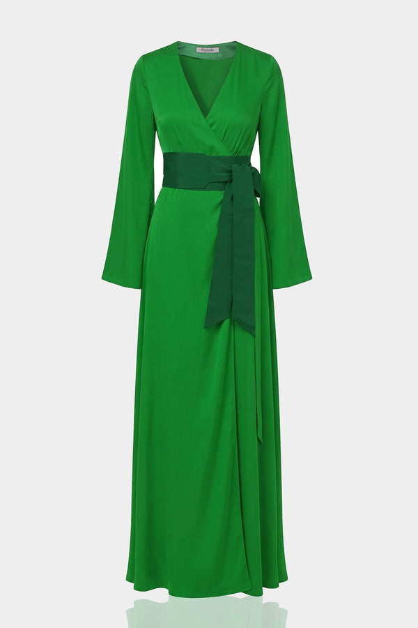 S Emerald Green Satin Wrap Maxi Dress – Elegant Spring Summer Occasion Dress
