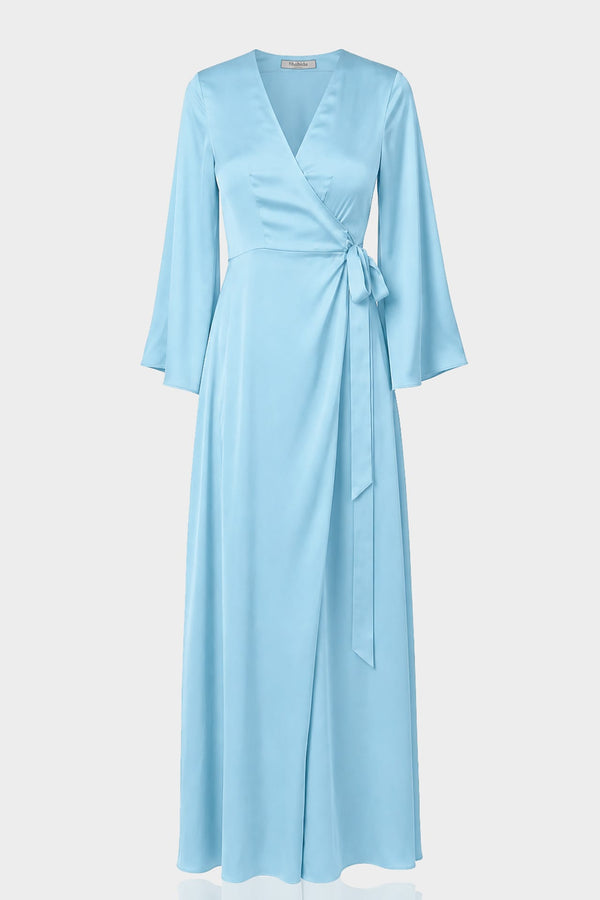 S Aqua Blue Satin Wrap Maxi Dress with Slit – Long Sleeve Evening Dress